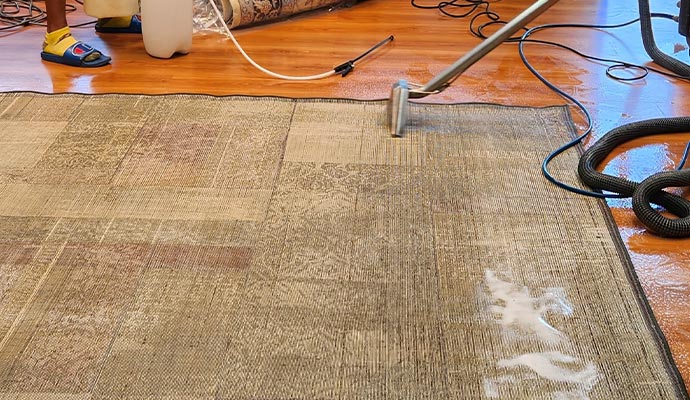 Cleaning jute rug using equipment