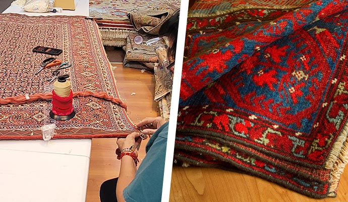 Collage of hand-knotting and machine-made rug serging