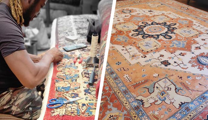 Collage of rug repair and color inspection